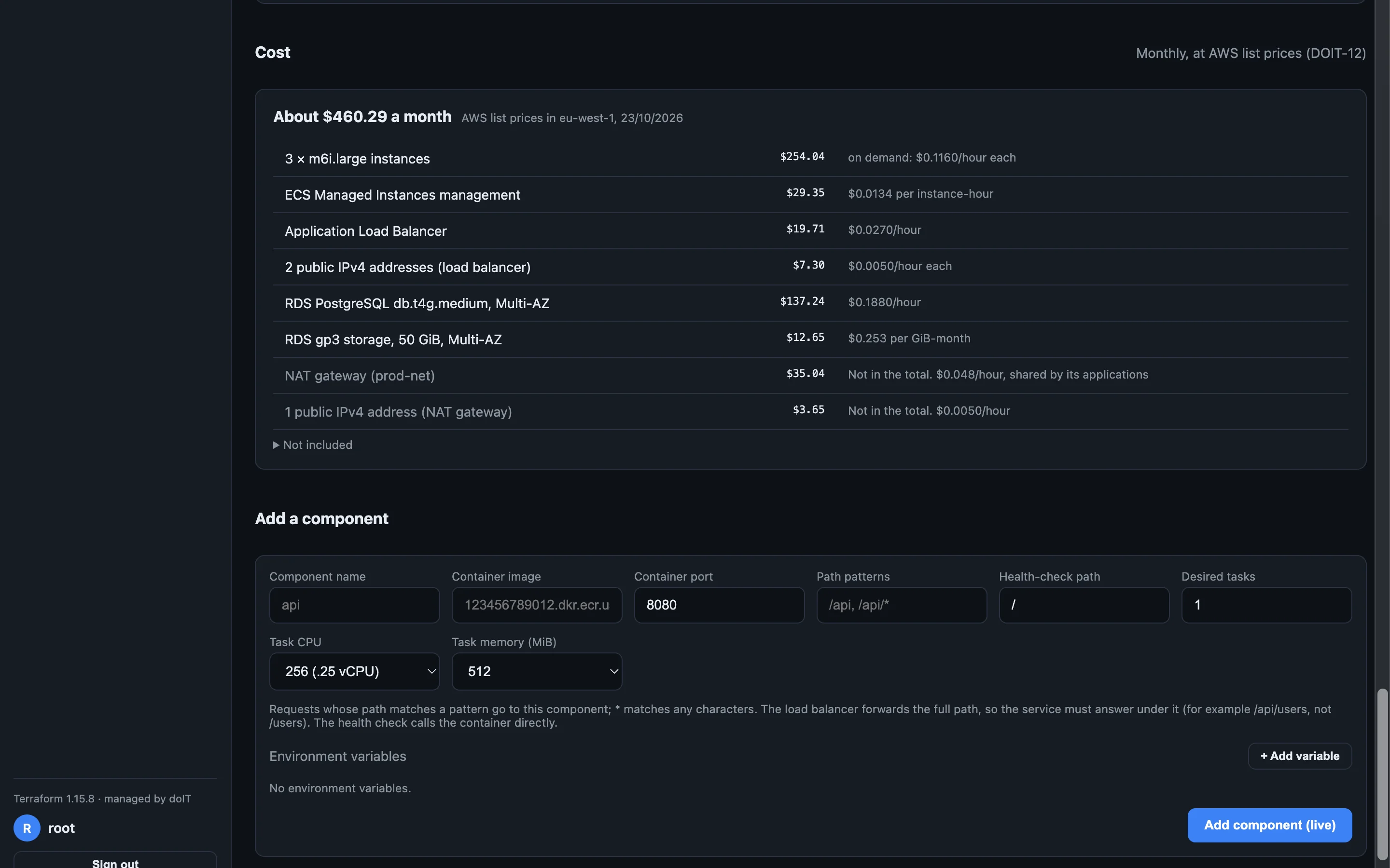 A monthly cost estimate of about $460, line by line: instances, load balancer, addresses and the RDS database.