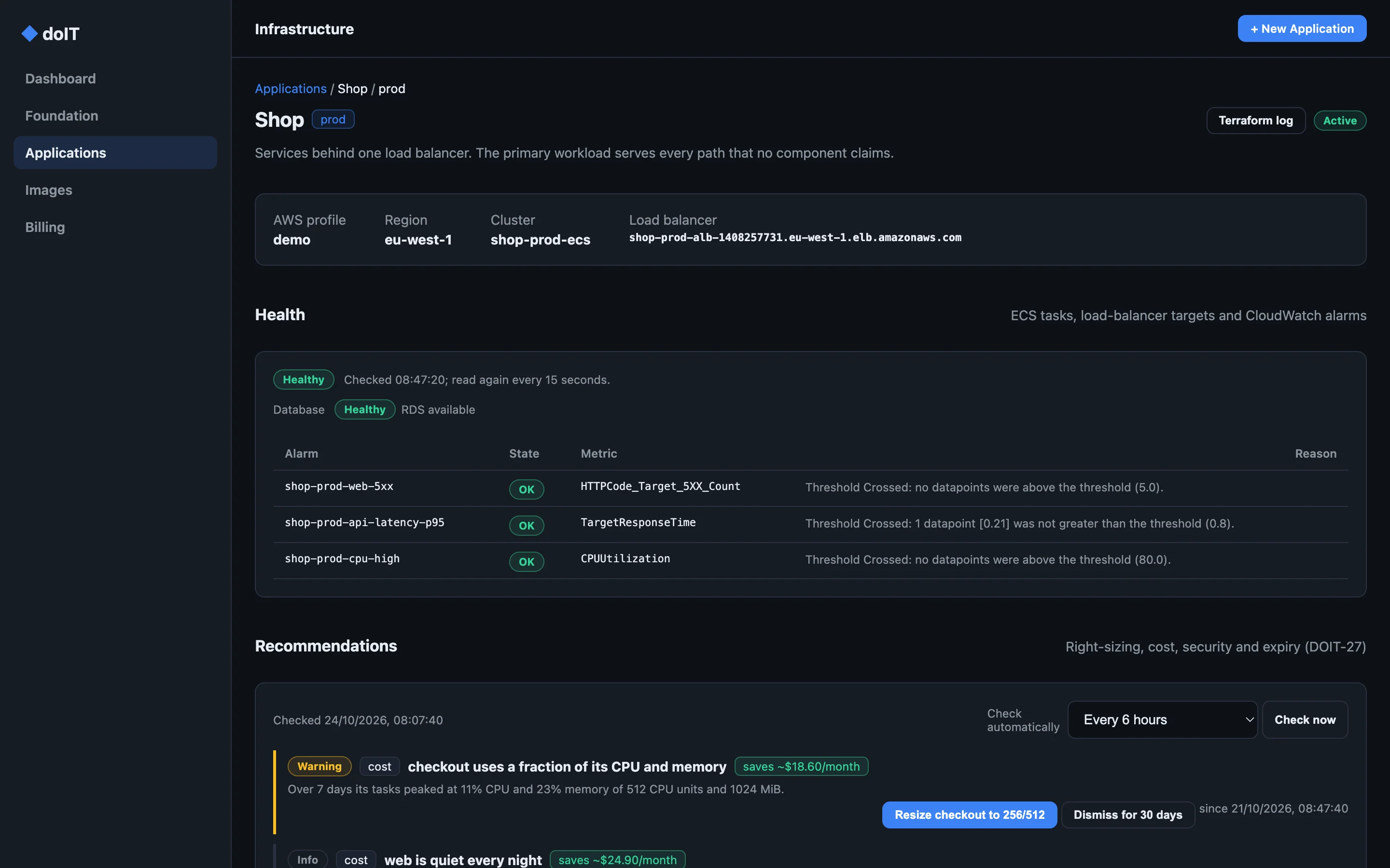 The Health section: a healthy application, its database and three CloudWatch alarms.