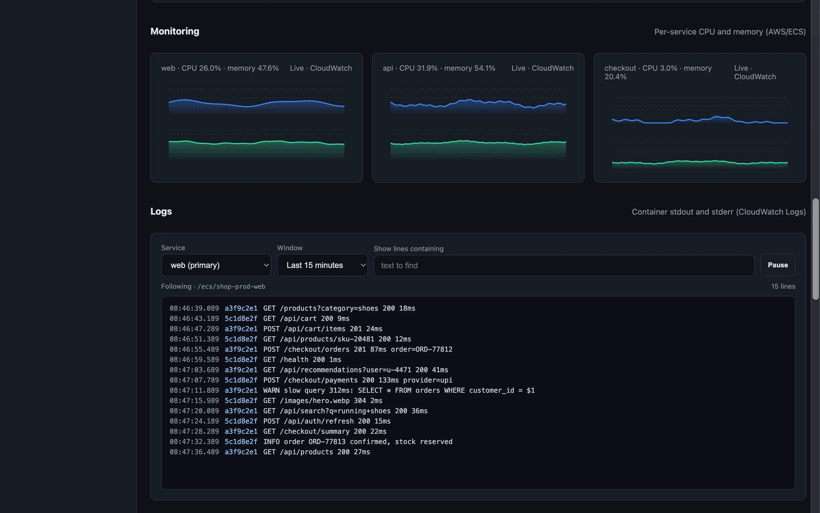 CPU and memory charts for the web, api and checkout services.