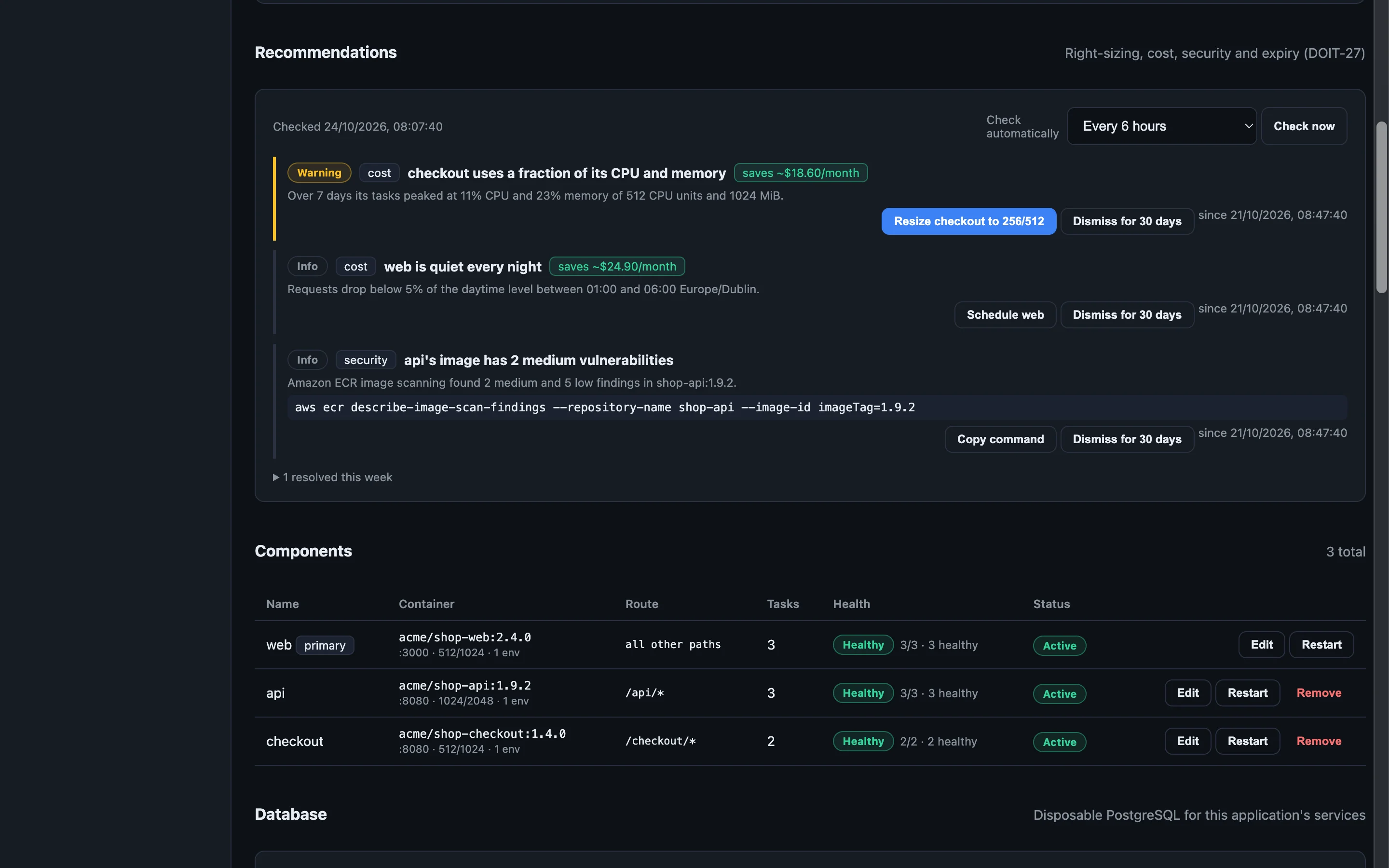 Recommendations: resize an oversized service, schedule a quiet one and review image findings, with the monthly savings.
